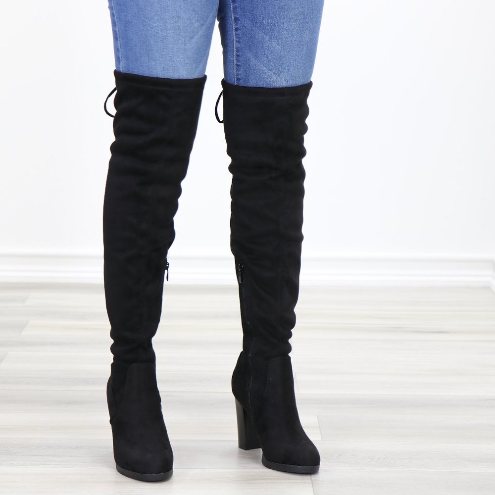 Tie Back Over Knee Heeled Sleek Boots Suede Black - Picture 3 of 15